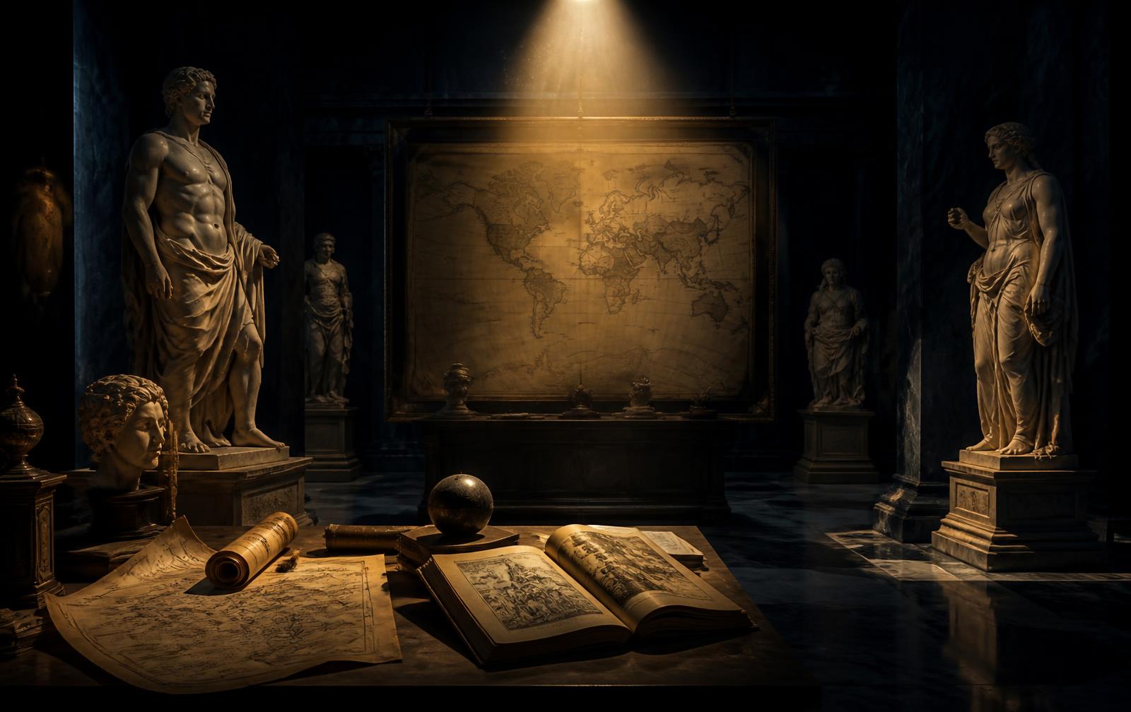 Dim museum gallery with classical statues, an antique world map and open historical manuscripts